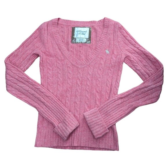 Abercrombie & Fitch Wool Sweater V-Neck Cable Knit Moose Logo Wool Pink Small S - Picture 1 of 9